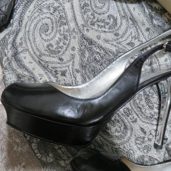 Guess black leather peep toe slingback platform heels w/ charm 7.5 silver heels - Picture 12 of 16